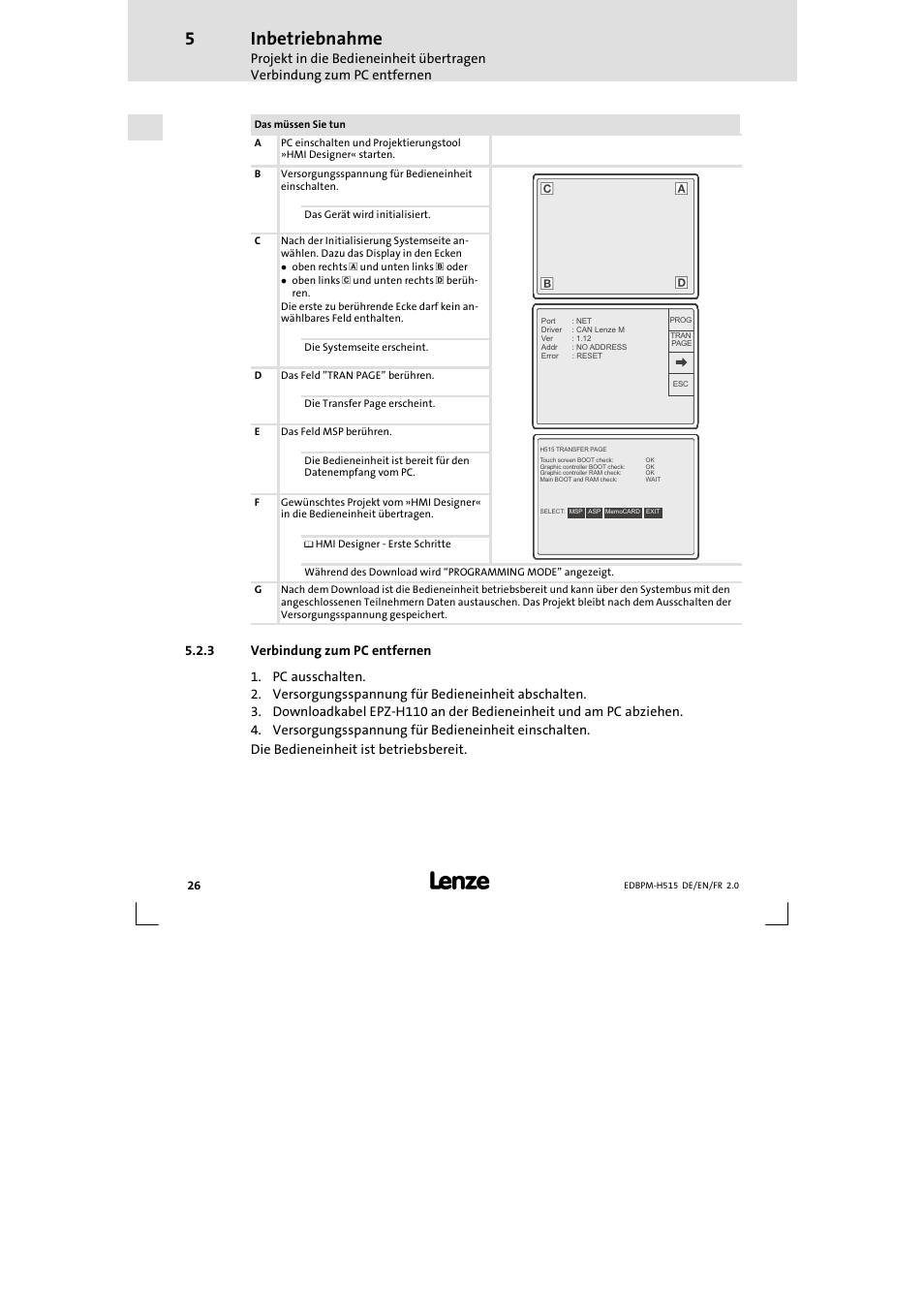 3 verbindung zum pc entfernen, Verbindung zum pc entfernen, Inbetriebnahme | Lenze EPM-H515 User Manual | Page 26 / 138