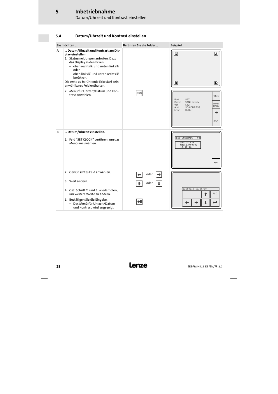 4 datum/ uhrzeit und kontrast einstellen, Datum/uhrzeit und kontrast einstellen, Inbetriebnahme | 4 datum/uhrzeit und kontrast einstellen | Lenze EPM-H515 User Manual | Page 28 / 138