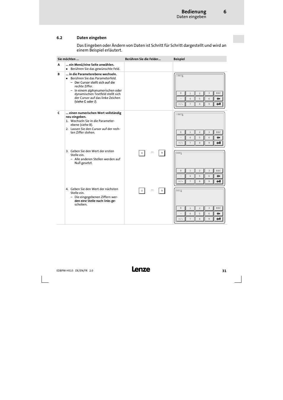 2 daten eingeben, Daten eingeben, Bedienung | Lenze EPM-H515 User Manual | Page 31 / 138