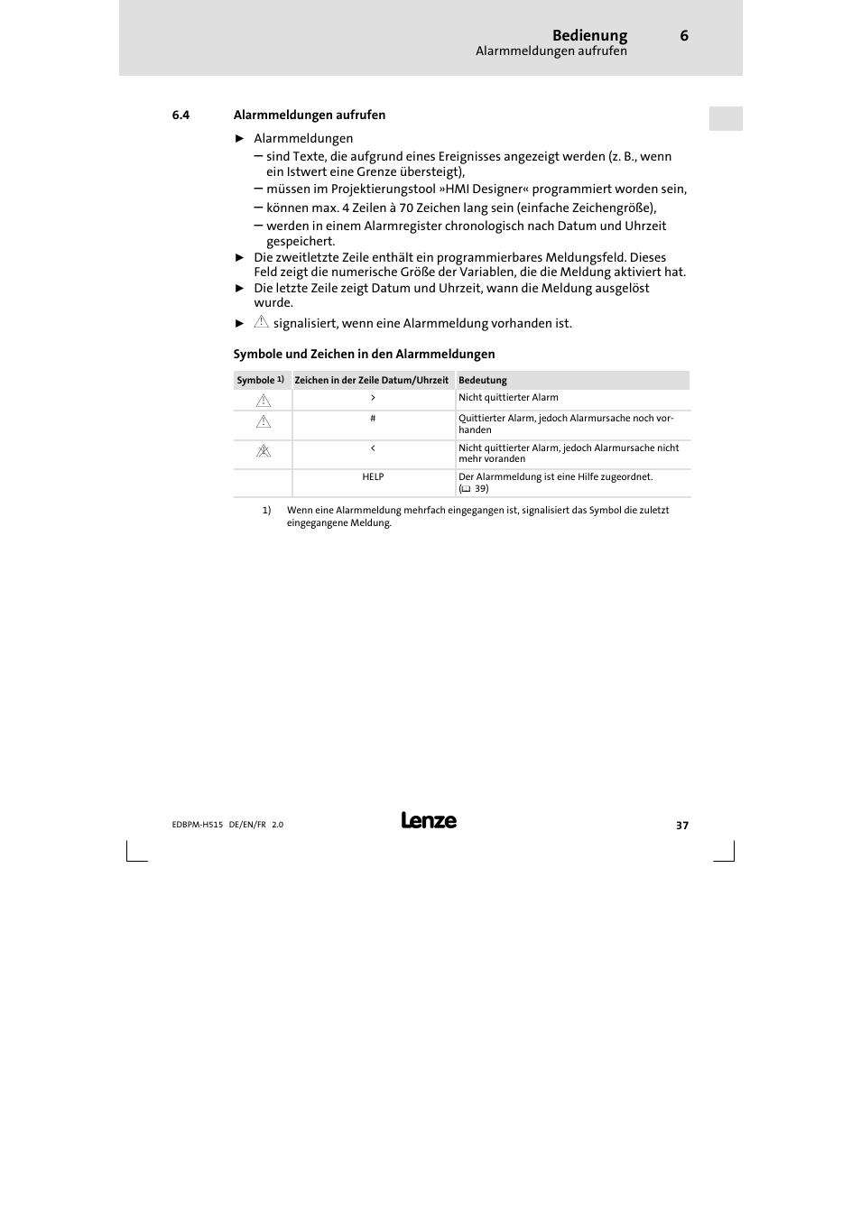 4 alarmmeldungen aufrufen, Alarmmeldungen aufrufen, Bedienung | Lenze EPM-H515 User Manual | Page 37 / 138