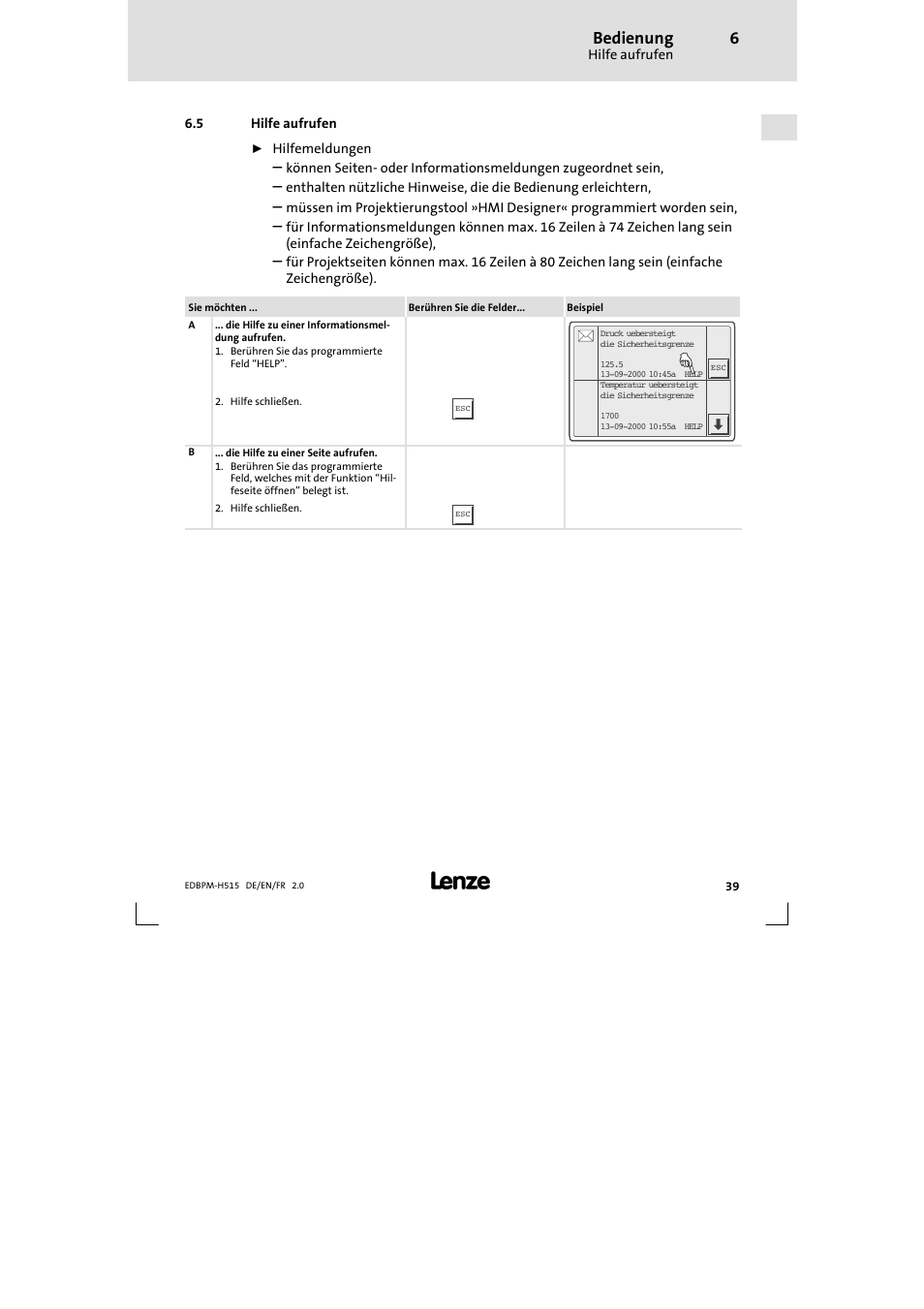 5 hilfe aufrufen, Hilfe aufrufen, Bedienung | Lenze EPM-H515 User Manual | Page 39 / 138