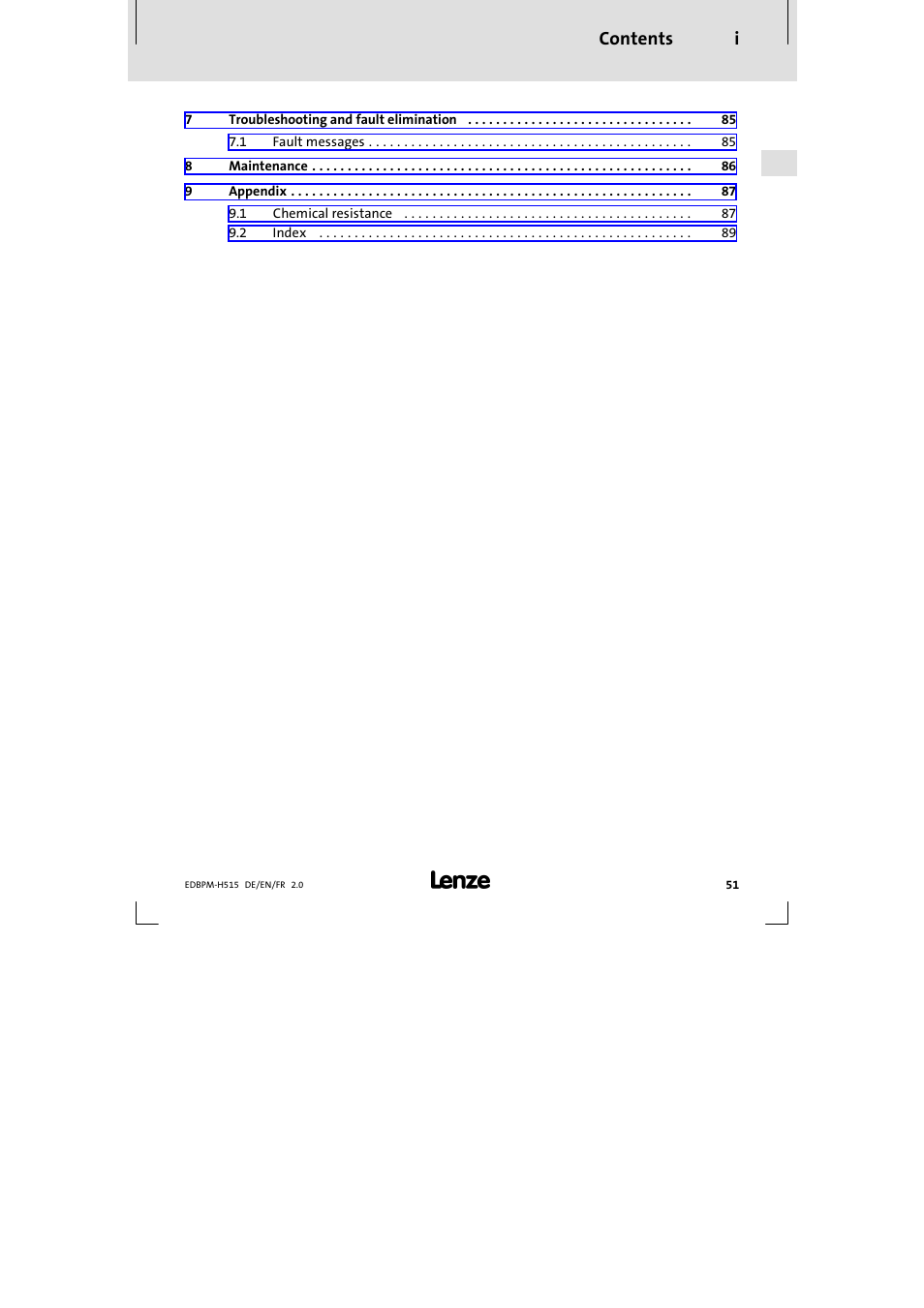 Contents i | Lenze EPM-H515 User Manual | Page 51 / 138
