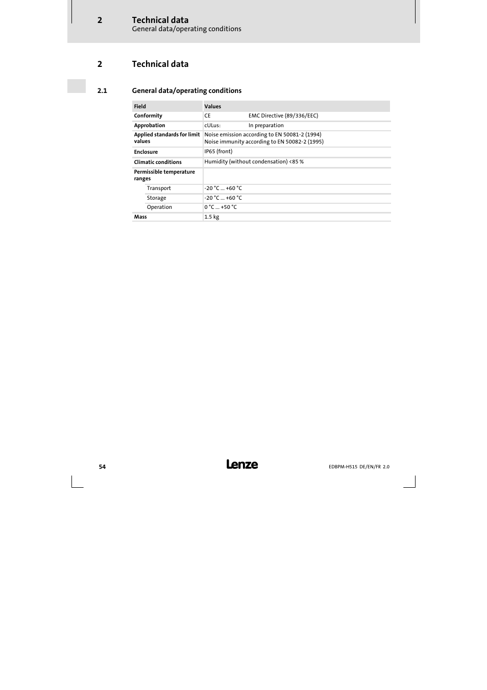 2 technical data, 1 general data/ operating conditions, Technical data | General data/operating conditions, 2technical data | Lenze EPM-H515 User Manual | Page 54 / 138