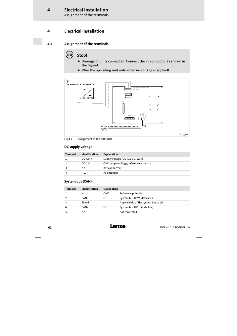 4 electrical installation, 1 assignment of the terminals, Electrical installation | Assignment of the terminals, 4electrical installation, Stop, Dc supply voltage, System bus (can) | Lenze EPM-H515 User Manual | Page 62 / 138