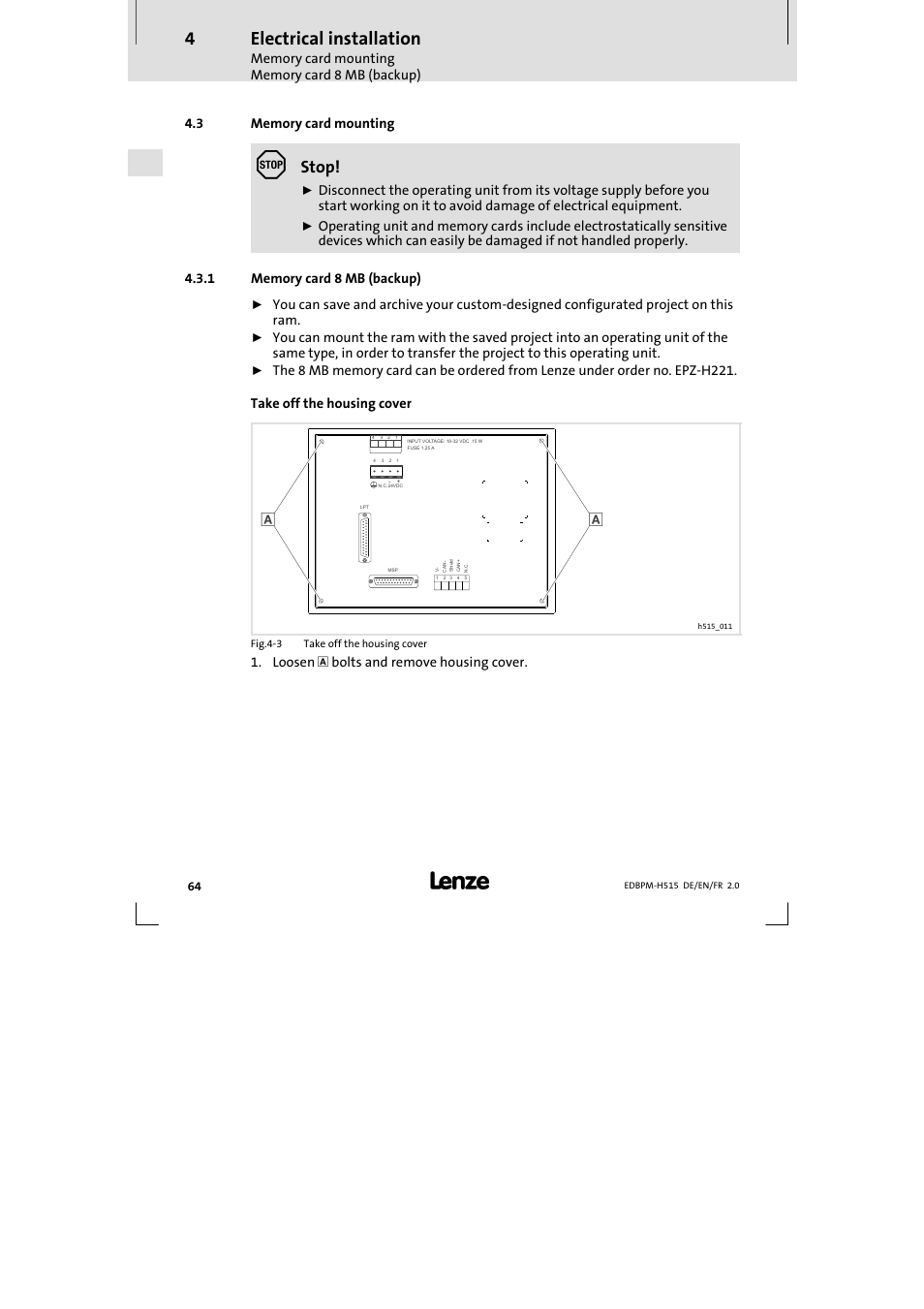 3 memory card mounting, 1 memory card 8 mb (backup), Memory card mounting | Memory card 8 mb (backup), Electrical installation, Stop | Lenze EPM-H515 User Manual | Page 64 / 138
