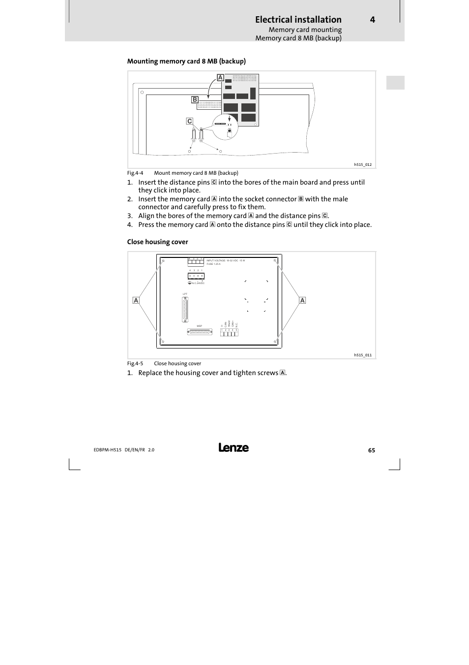 Electrical installation, Replace the housing cover and tighten screws | Lenze EPM-H515 User Manual | Page 65 / 138