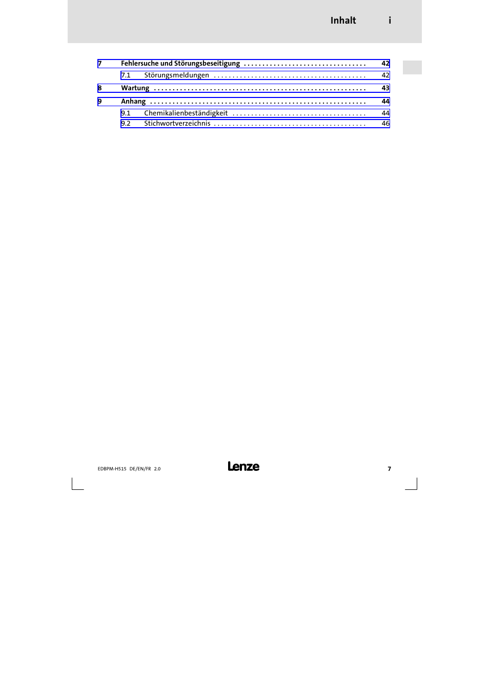 Inhalt i | Lenze EPM-H515 User Manual | Page 7 / 138
