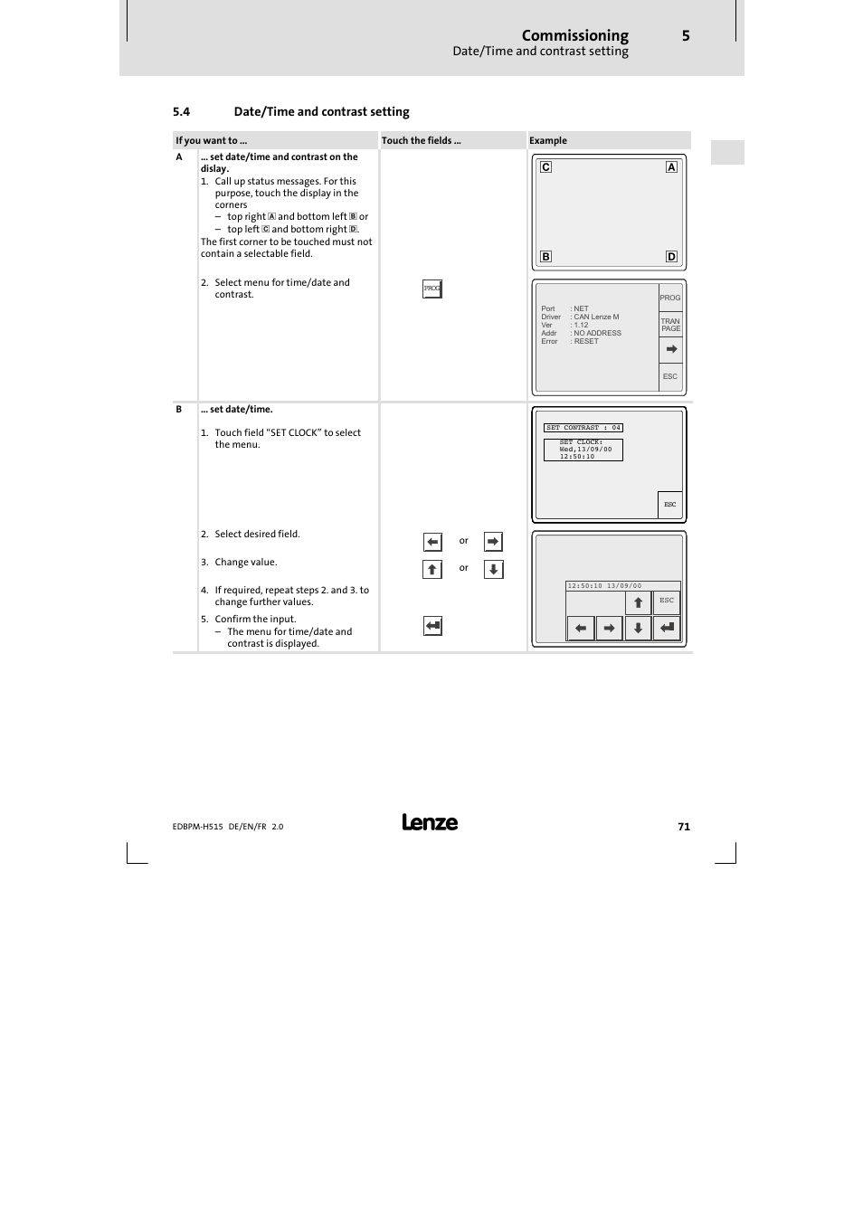4 date/ time and contrast setting, Date/time and contrast setting, Commissioning | 4 date/time and contrast setting | Lenze EPM-H515 User Manual | Page 71 / 138