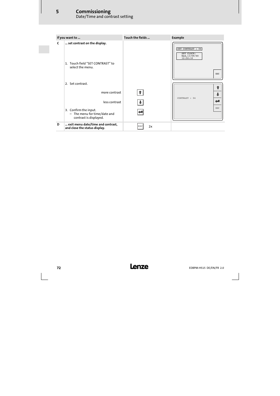 Commissioning, Date/time and contrast setting | Lenze EPM-H515 User Manual | Page 72 / 138