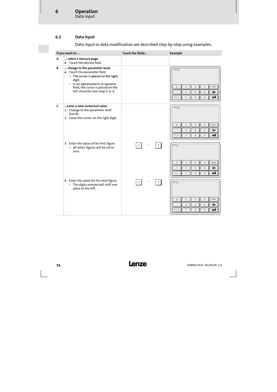 2 data input, Data input, Operation | Lenze EPM-H515 User Manual | Page 74 / 138