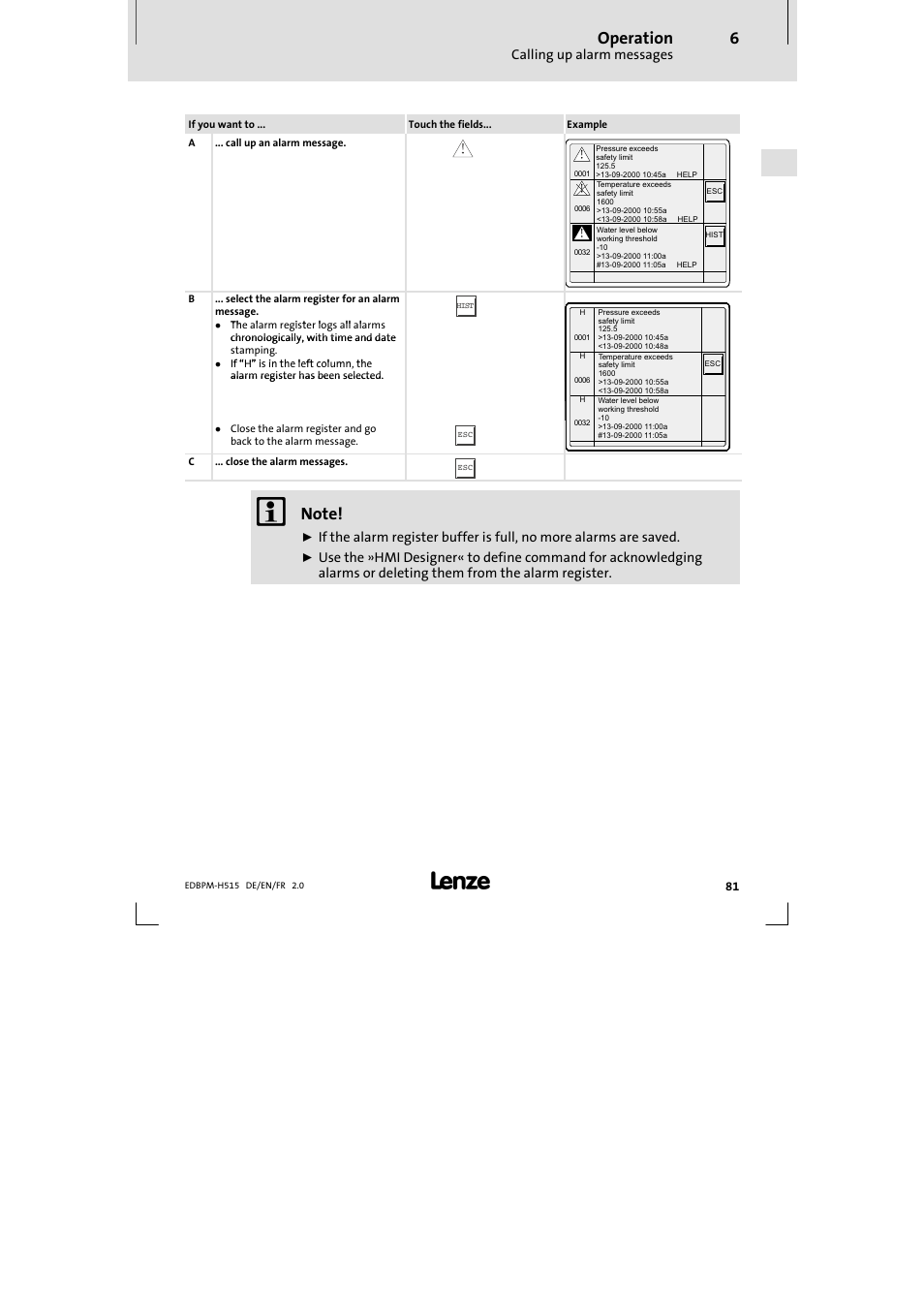 Operation, Calling up alarm messages | Lenze EPM-H515 User Manual | Page 81 / 138