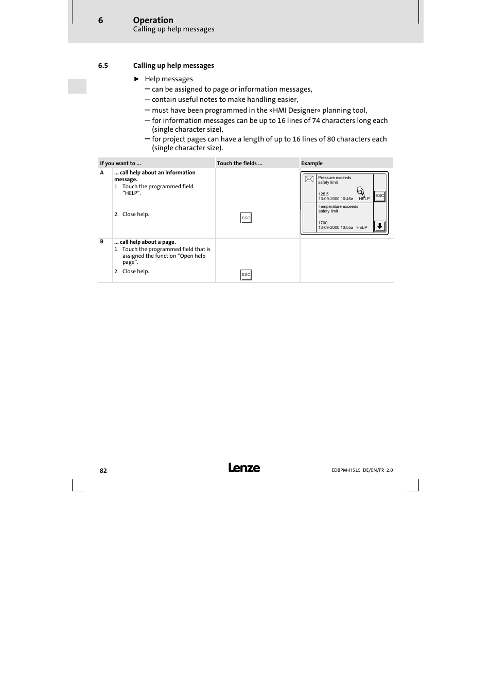 5 calling up help messages, Calling up help messages, Operation | Lenze EPM-H515 User Manual | Page 82 / 138