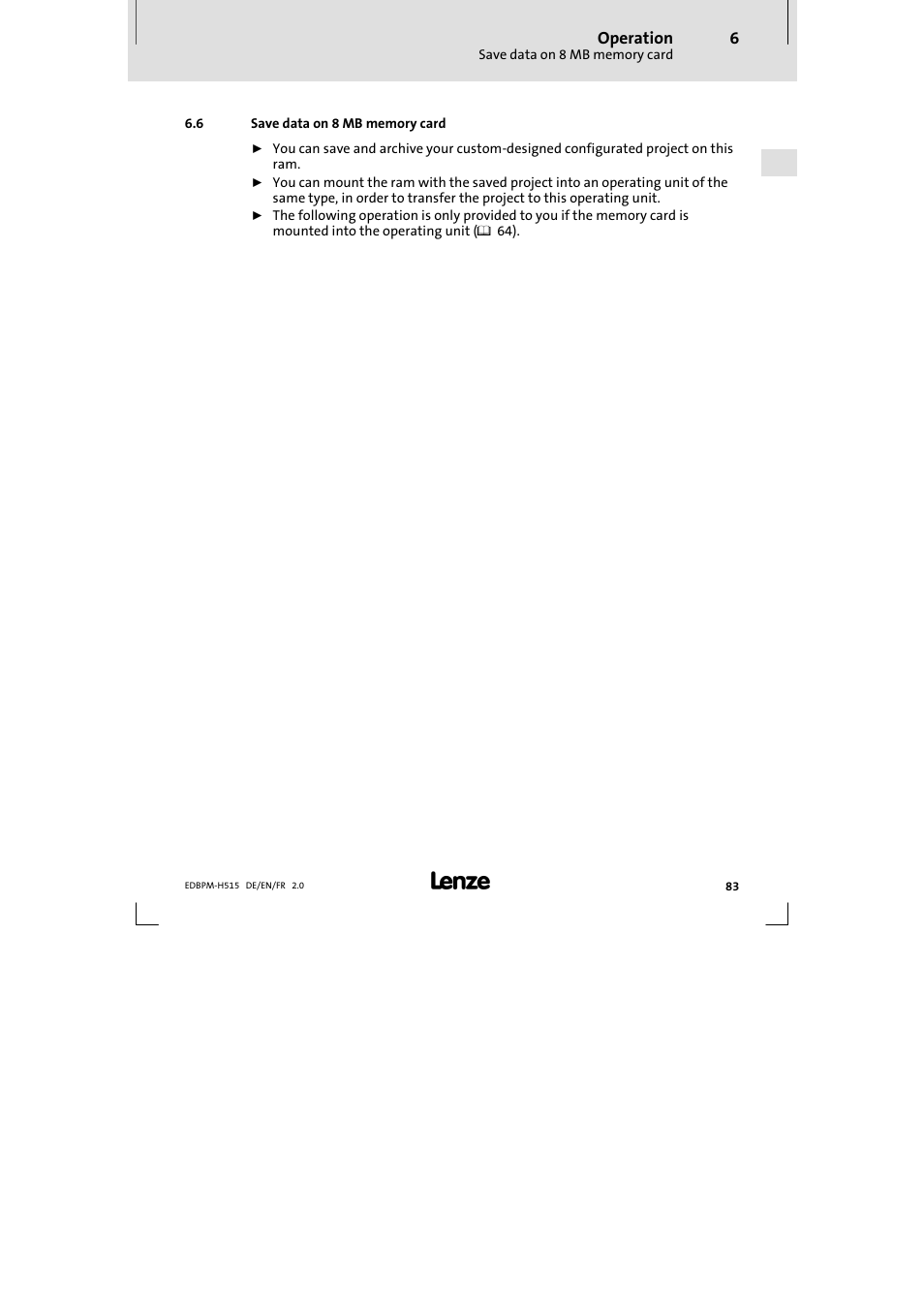 6 save data on 8 mb memory card, Save data on 8 mb memory card | Lenze EPM-H515 User Manual | Page 83 / 138