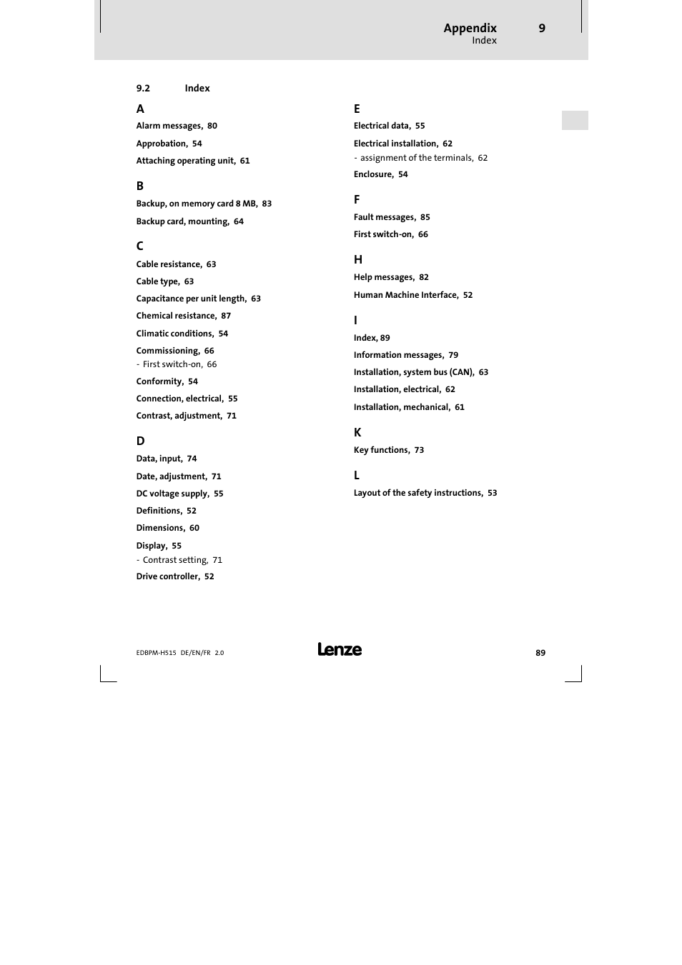 2 index, Index | Lenze EPM-H515 User Manual | Page 89 / 138