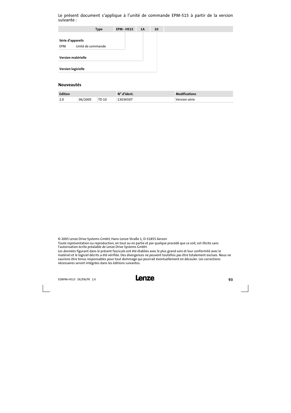 Le présent document s'applique à | Lenze EPM-H515 User Manual | Page 93 / 138