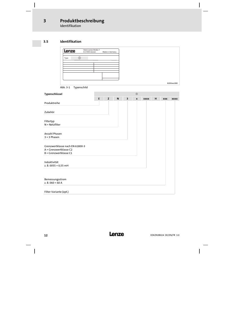 Identifikation, Produktbeschreibung | Lenze EZN3B series User Manual | Page 12 / 70