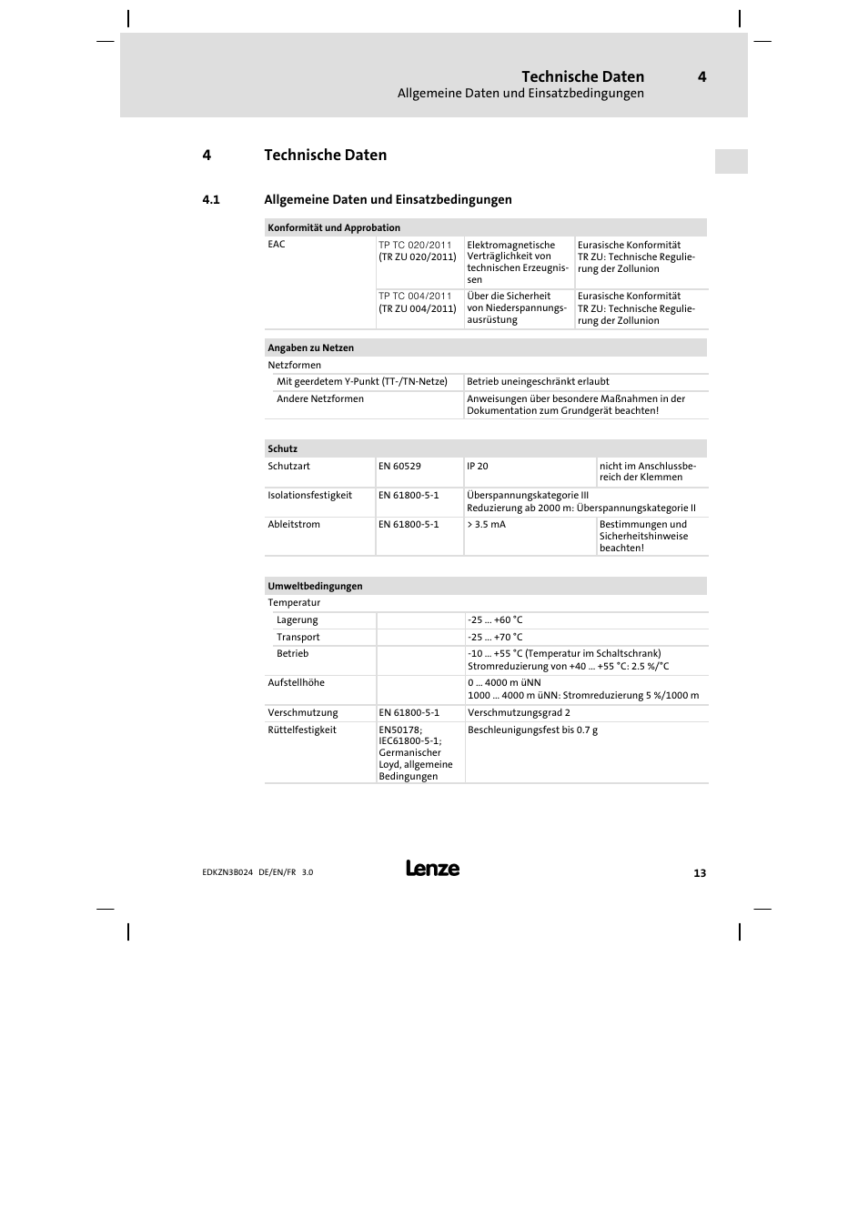 Technische daten, Allgemeine daten und einsatzbedingungen, 4technische daten | Lenze EZN3B series User Manual | Page 13 / 70