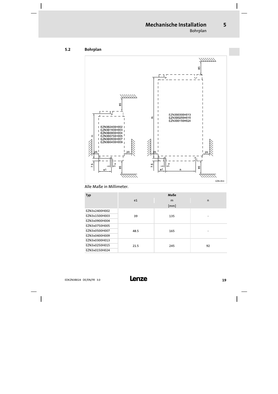 Bohrplan, Mechanische installation | Lenze EZN3B series User Manual | Page 19 / 70