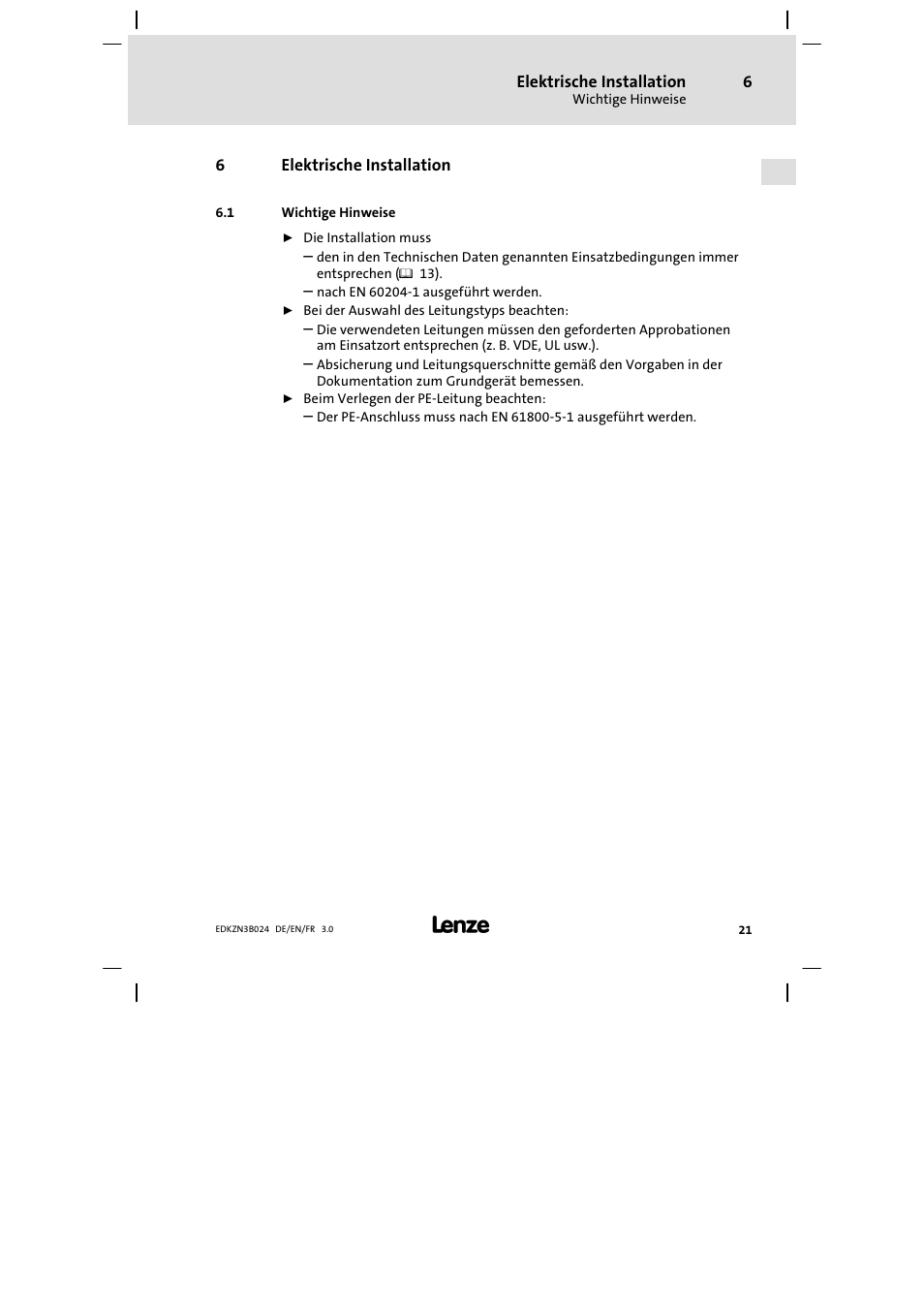 Elektrische installation, Wichtige hinweise | Lenze EZN3B series User Manual | Page 21 / 70