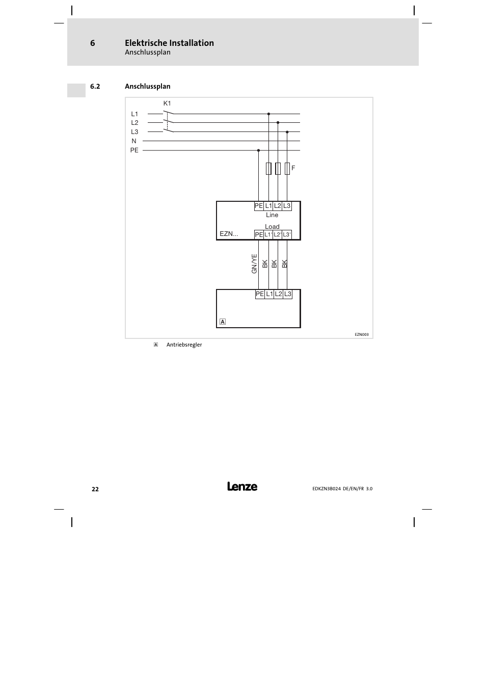 Anschlussplan, Elektrische installation | Lenze EZN3B series User Manual | Page 22 / 70