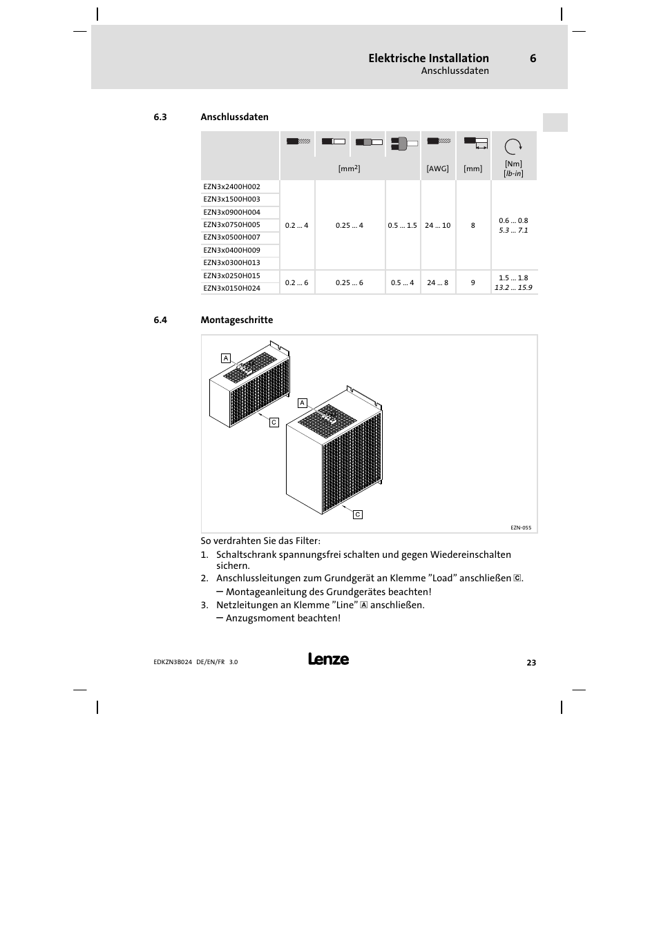 Anschlussdaten, Montageschritte, Elektrische installation | Lenze EZN3B series User Manual | Page 23 / 70