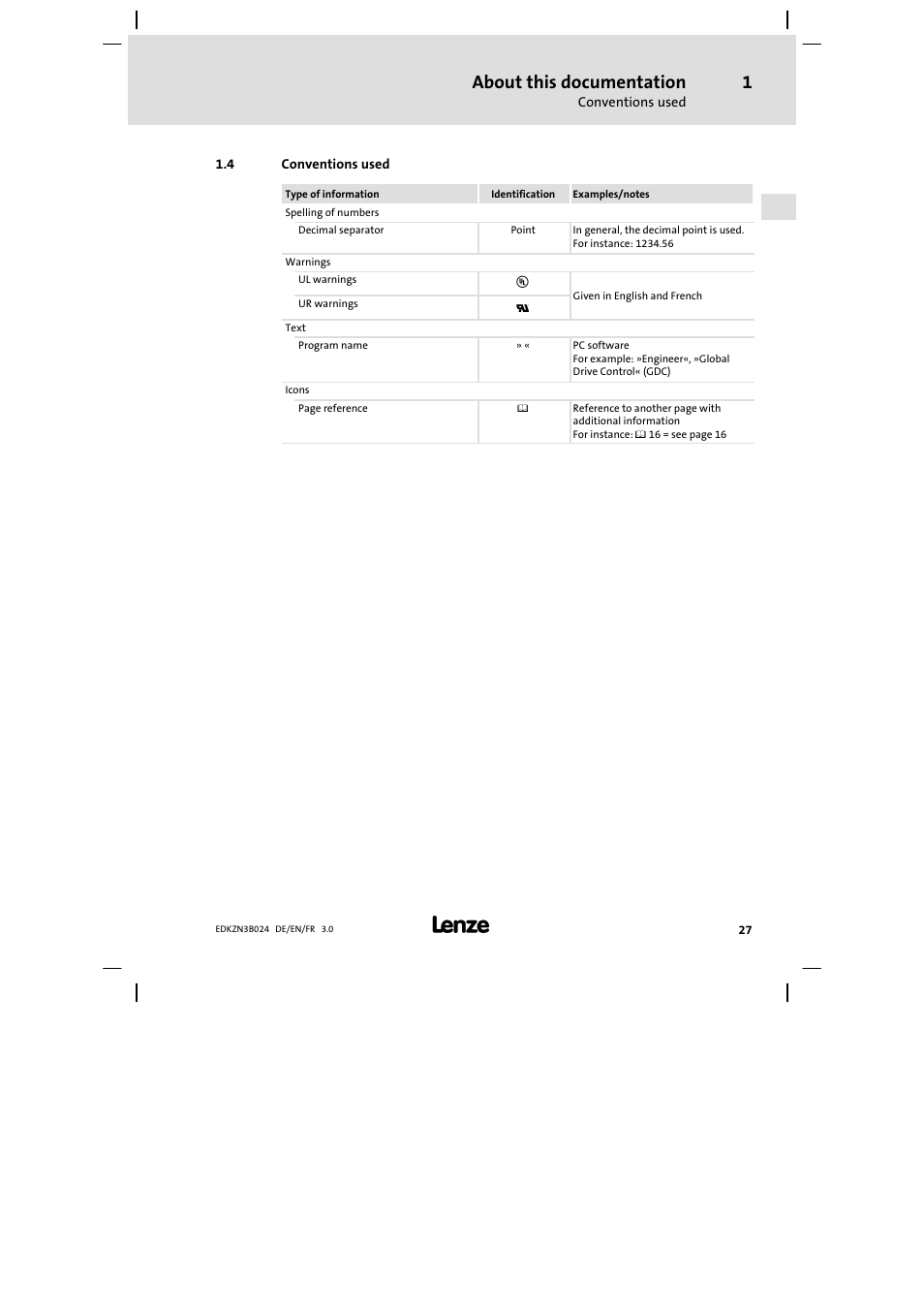 Conventions used, About this documentation | Lenze EZN3B series User Manual | Page 27 / 70