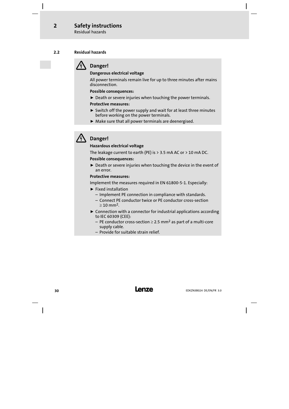 Residual hazards, Safety instructions | Lenze EZN3B series User Manual | Page 30 / 70