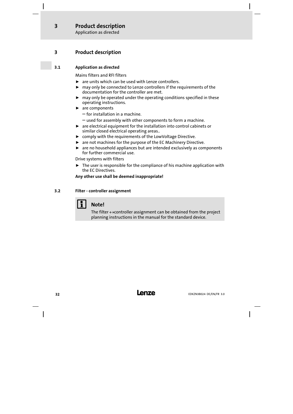 Product description, Application as directed, Filter - controller assignment | Filter − controller assignment | Lenze EZN3B series User Manual | Page 32 / 70