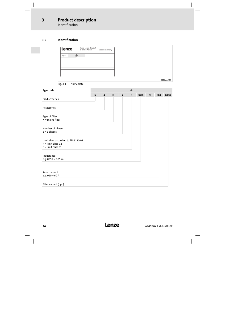 Identification, Product description | Lenze EZN3B series User Manual | Page 34 / 70