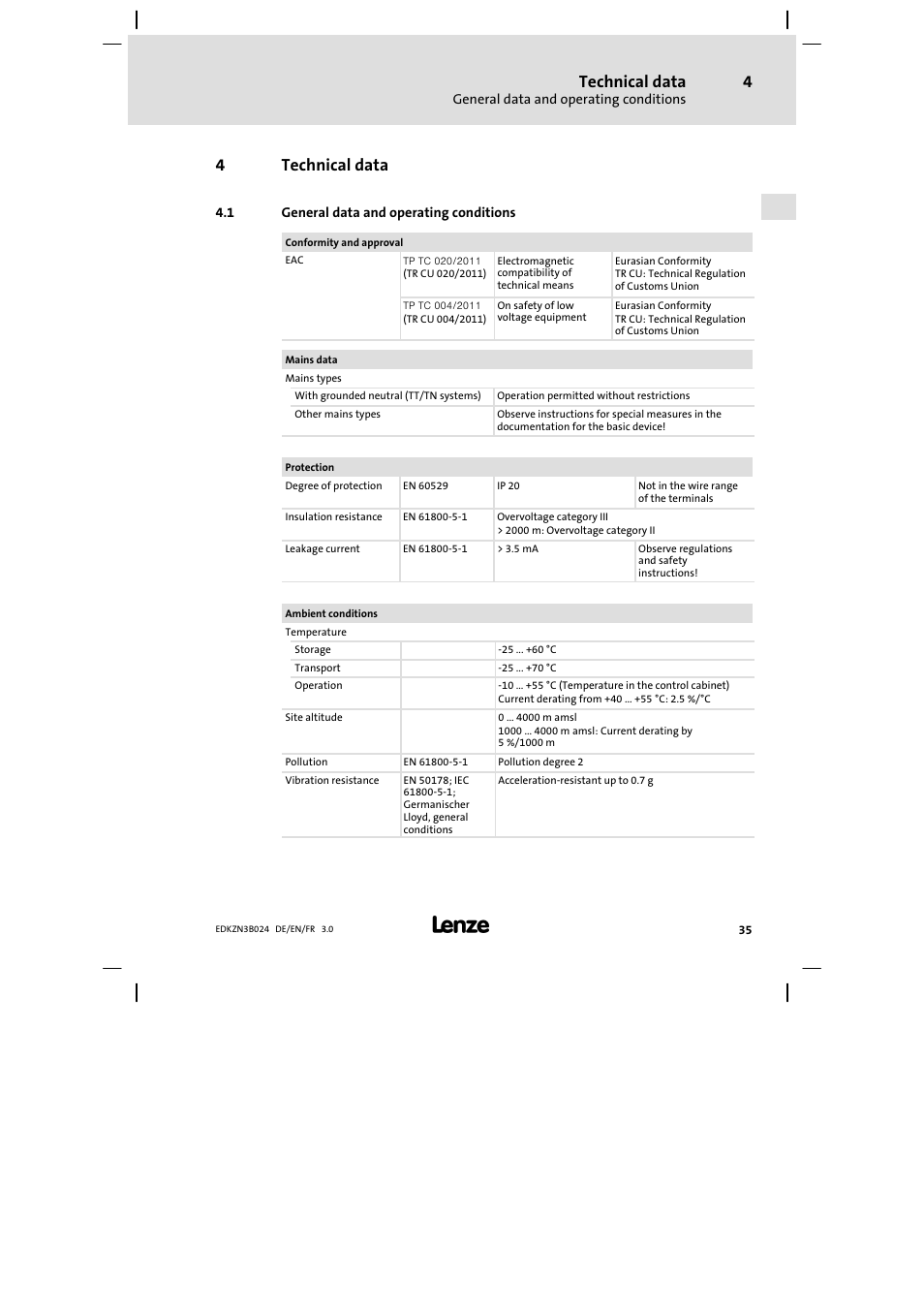 Technical data, General data and operating conditions, 4technical data | Lenze EZN3B series User Manual | Page 35 / 70