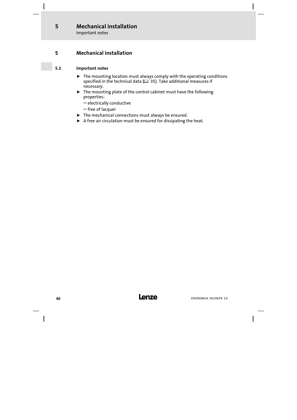 Mechanical installation, Important notes | Lenze EZN3B series User Manual | Page 40 / 70