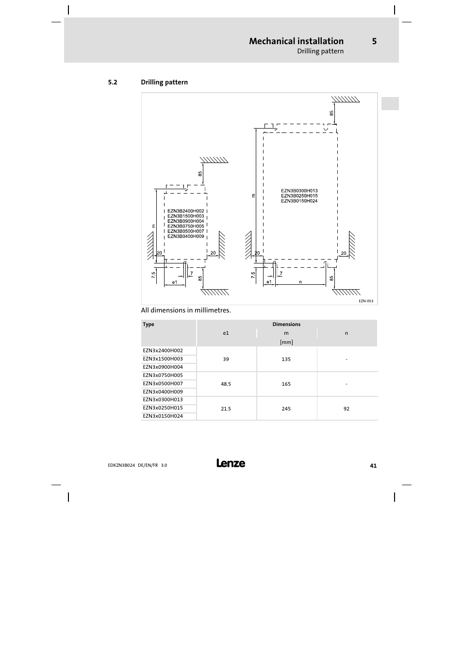 Drilling pattern, Mechanical installation | Lenze EZN3B series User Manual | Page 41 / 70