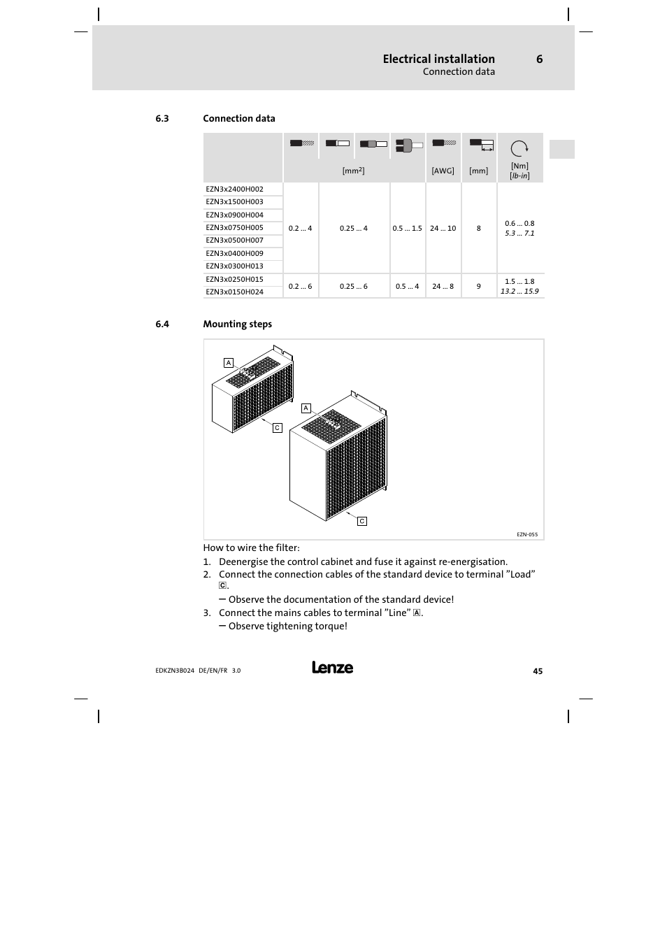 Connection data, Mounting steps, Electrical installation | Lenze EZN3B series User Manual | Page 45 / 70