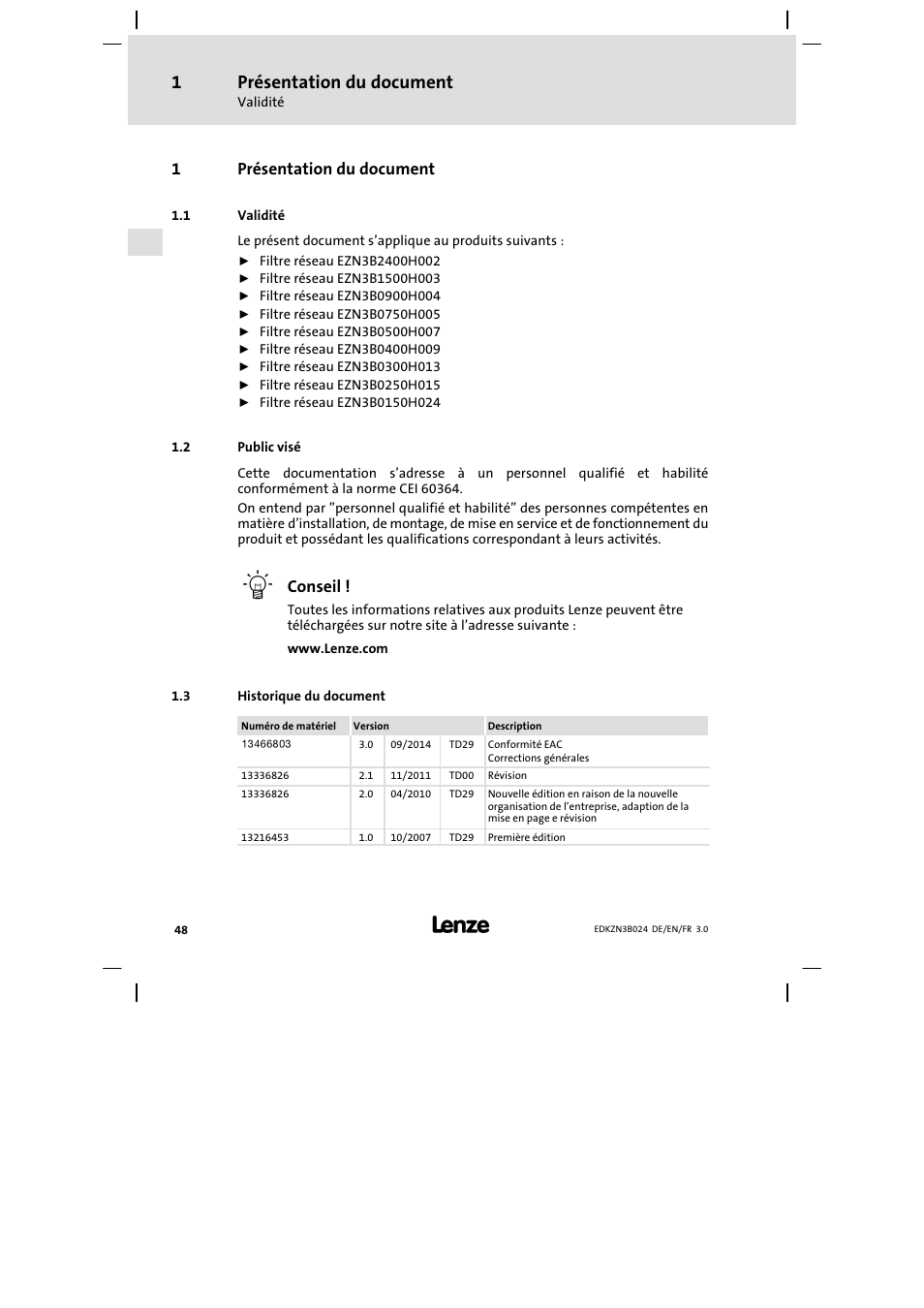 Présentation du document, Validité, Public visé | Historique du document, Conventions utilisées, 1présentation du document, Conseil | Lenze EZN3B series User Manual | Page 48 / 70