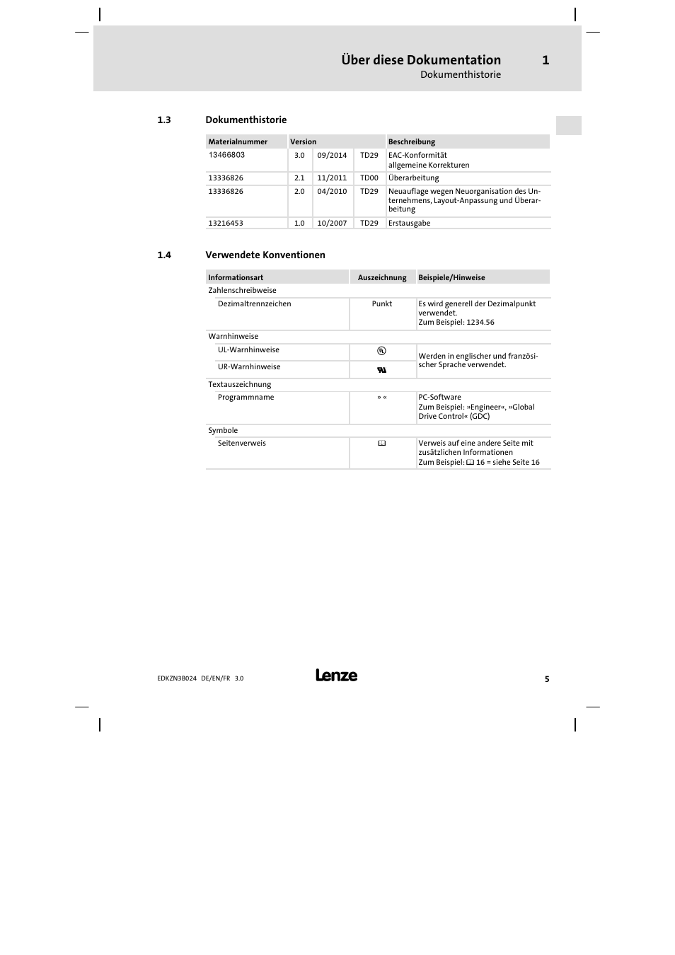 Dokumenthistorie, Verwendete konventionen, Über diese dokumentation | Lenze EZN3B series User Manual | Page 5 / 70