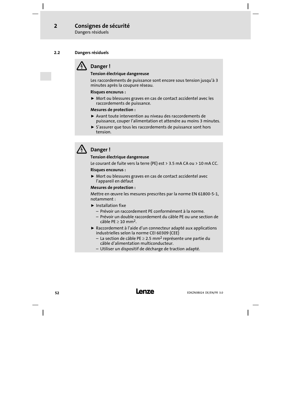 Dangers résiduels, Consignes de sécurité | Lenze EZN3B series User Manual | Page 52 / 70