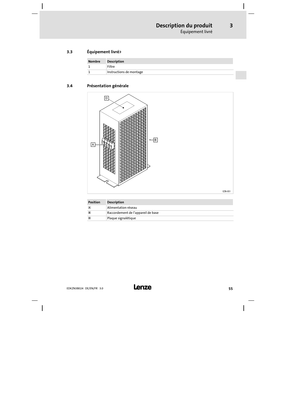 Équipement livré, Présentation générale, Identification | Description du produit | Lenze EZN3B series User Manual | Page 55 / 70