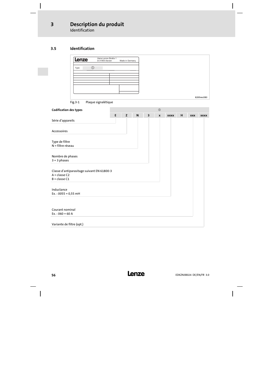 Identification, Spécifications techniques, Description du produit | Lenze EZN3B series User Manual | Page 56 / 70