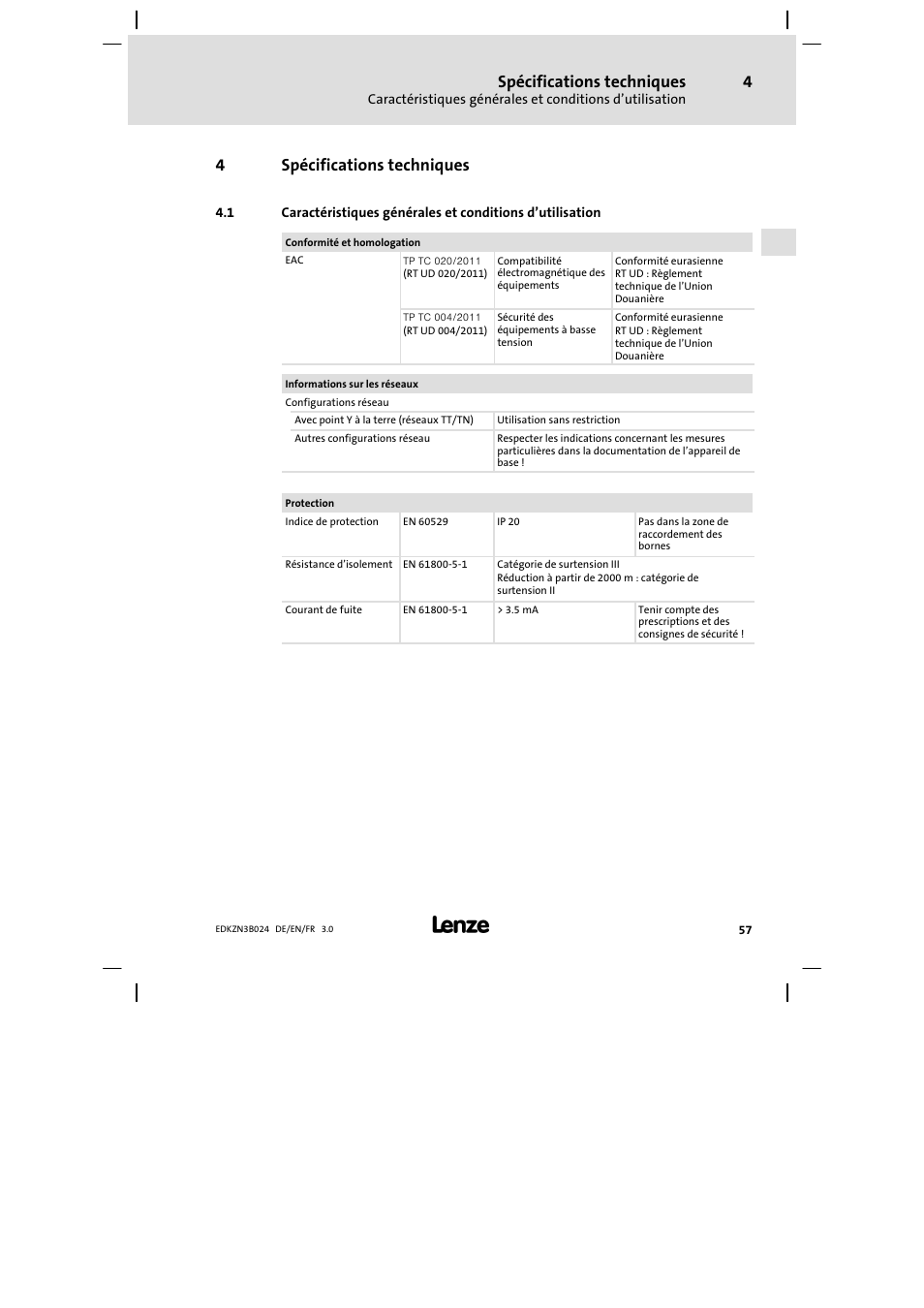 Spécifications techniques, 4spécifications techniques | Lenze EZN3B series User Manual | Page 57 / 70