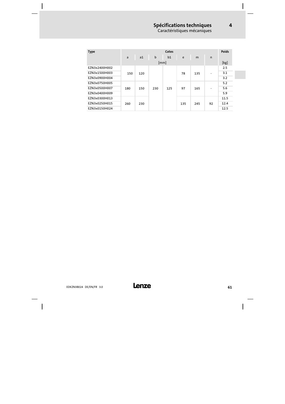 Spécifications techniques | Lenze EZN3B series User Manual | Page 61 / 70