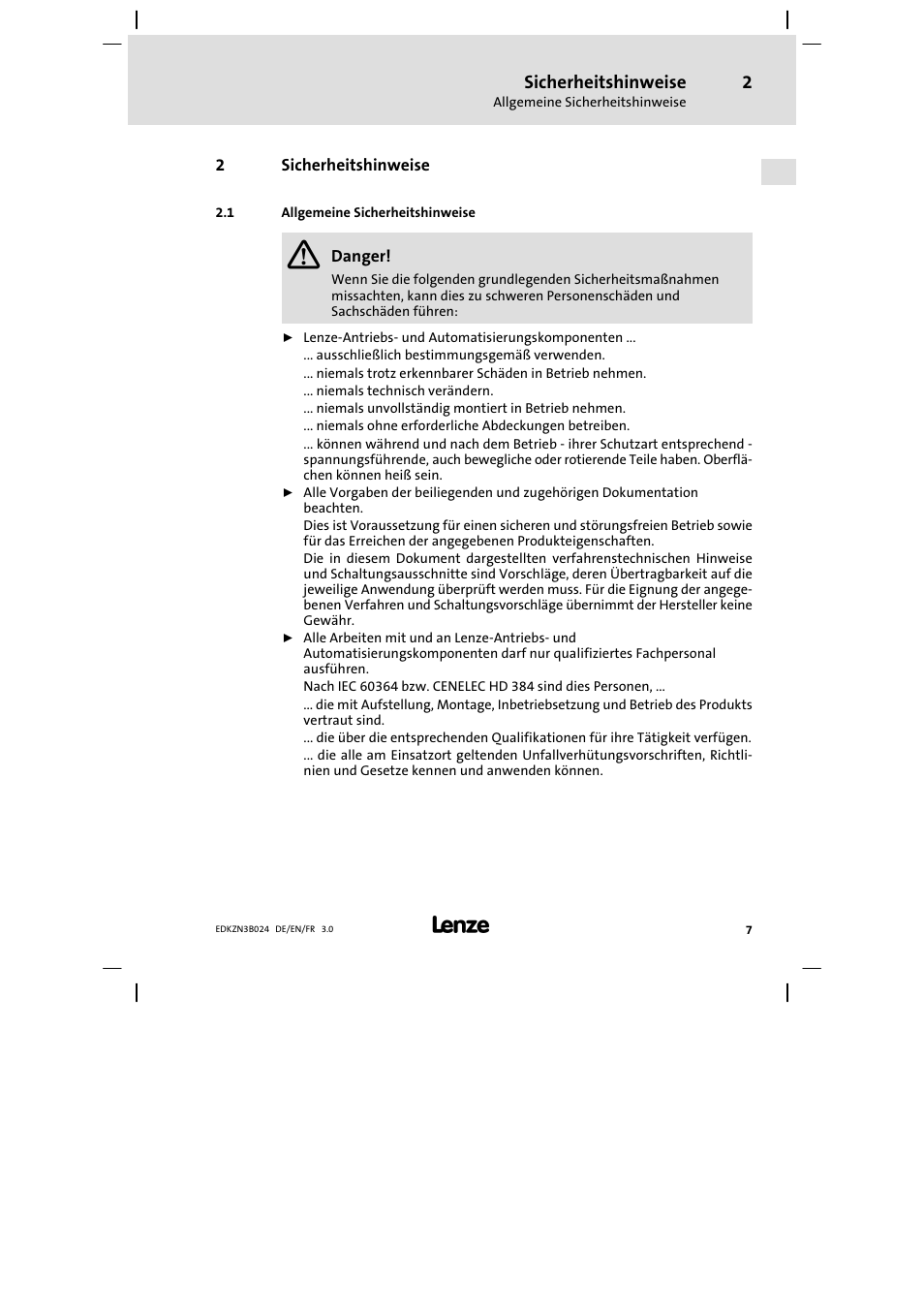 Sicherheitshinweise, Allgemeine sicherheitshinweise | Lenze EZN3B series User Manual | Page 7 / 70