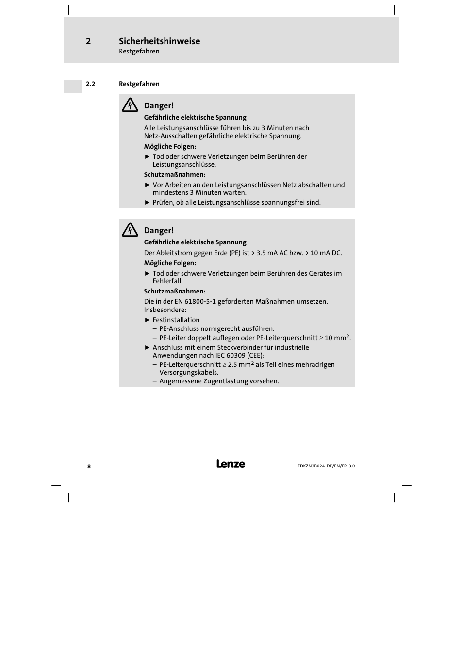 Restgefahren, Sicherheitshinweise | Lenze EZN3B series User Manual | Page 8 / 70