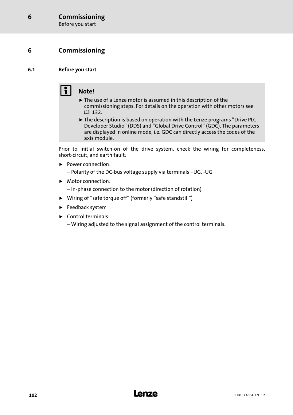 6 commissioning, 1 before you start, Commissioning | Before you start | Lenze ECSCAxxx User Manual | Page 102 / 483