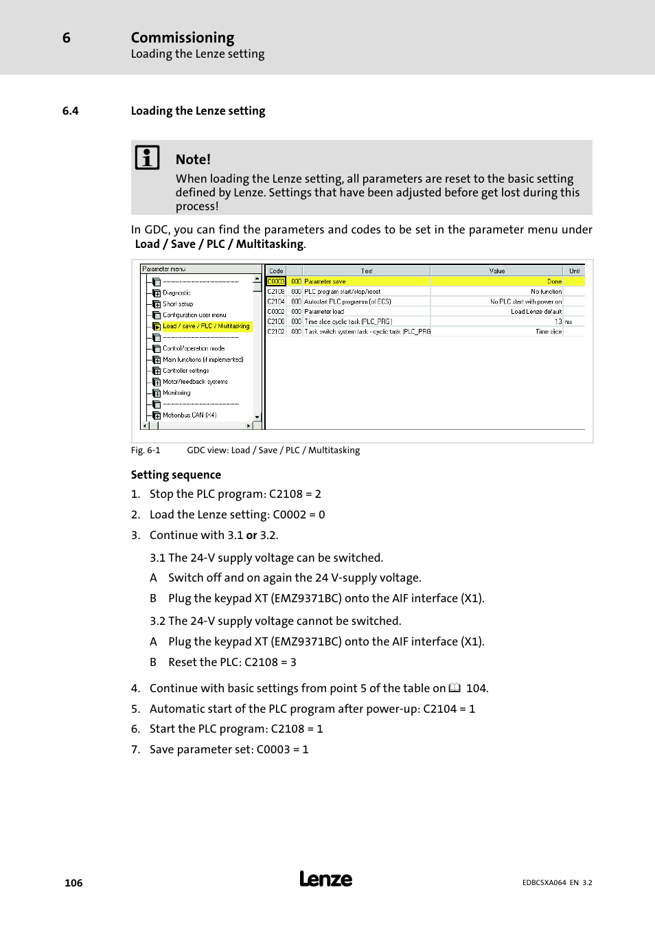 4 loading the lenze setting, Loading the lenze setting | Lenze ECSCAxxx User Manual | Page 106 / 483