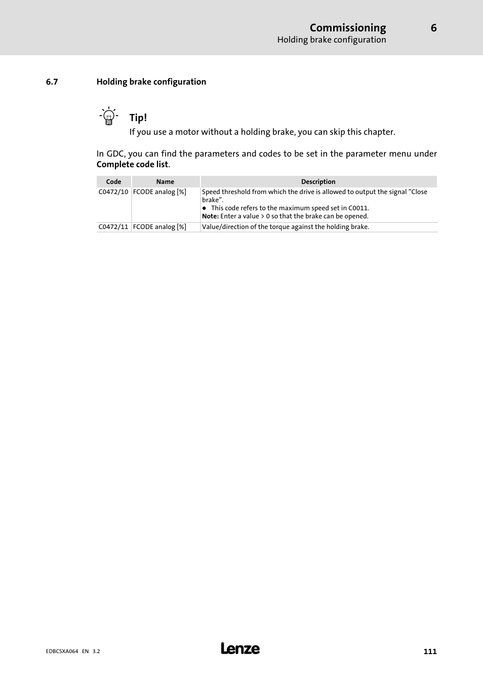 7 holding brake configuration, Holding brake configuration, Commissioning | Lenze ECSCAxxx User Manual | Page 111 / 483