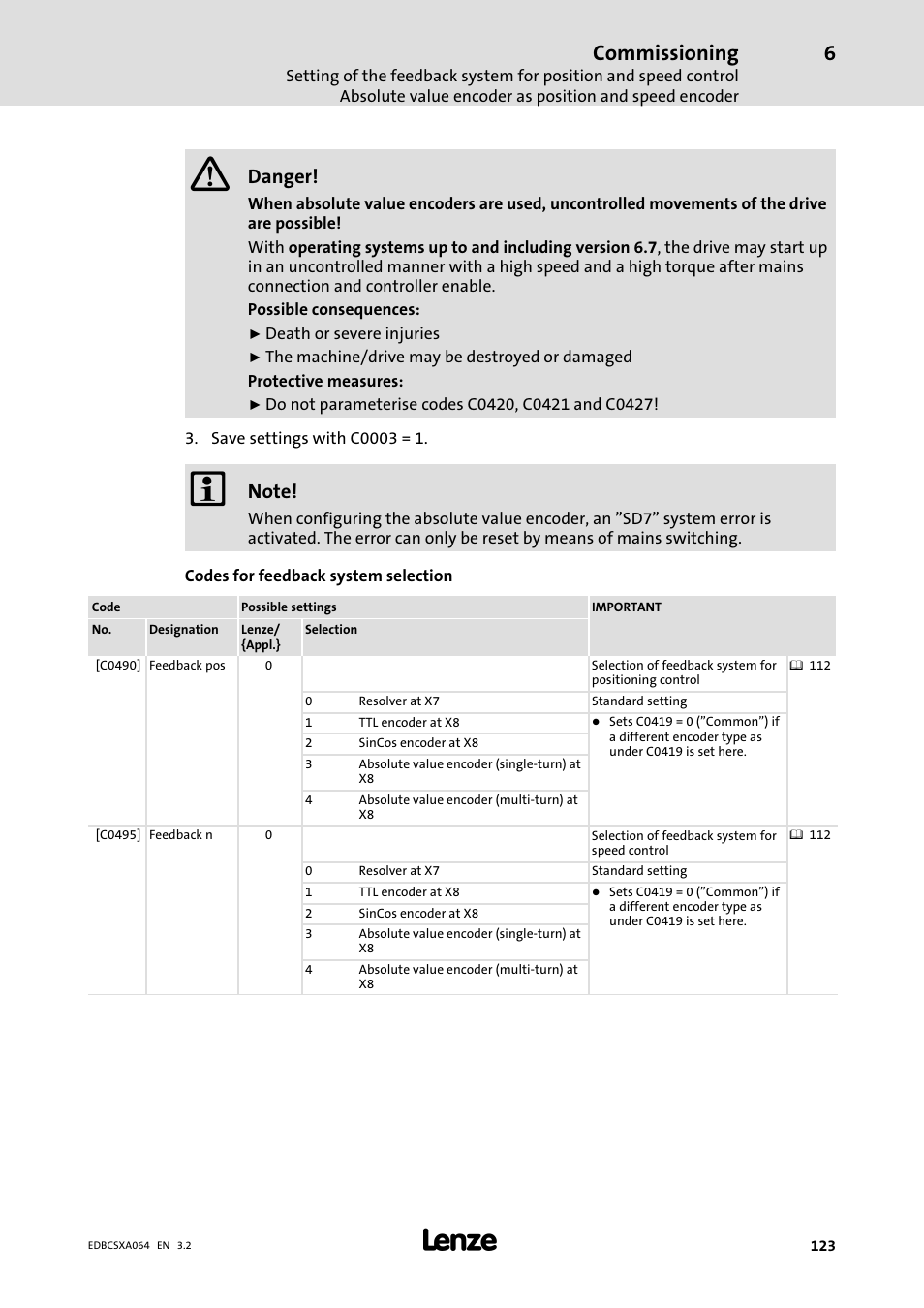 Commissioning, Danger | Lenze ECSCAxxx User Manual | Page 123 / 483