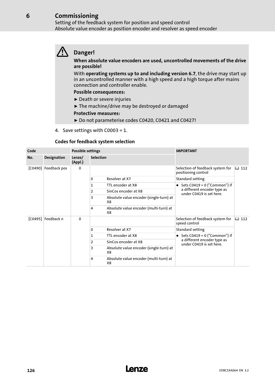 Commissioning, Danger | Lenze ECSCAxxx User Manual | Page 126 / 483