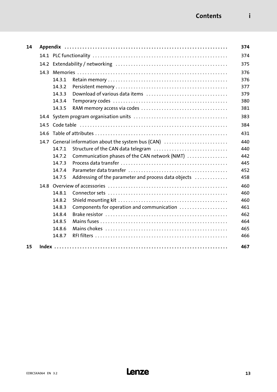 Contents i | Lenze ECSCAxxx User Manual | Page 13 / 483