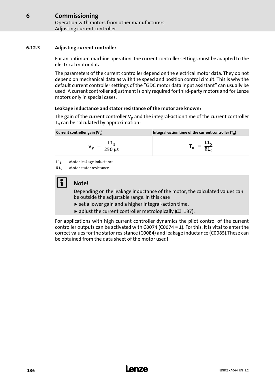 3 adjusting current controller, Adjusting current controller, Commissioning | Lenze ECSCAxxx User Manual | Page 136 / 483