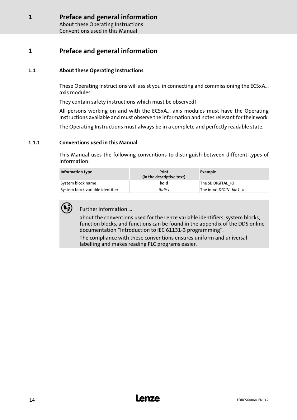 1 preface and general information, 1 about these operating instructions, 1 conventions used in this manual | Preface and general information, About these operating instructions, Conventions used in this manual, 1preface and general information | Lenze ECSCAxxx User Manual | Page 14 / 483